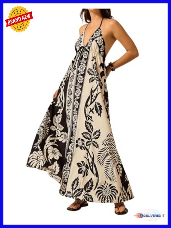 Dresses & Skirts - Women's Floral Halter Maxi Dress Open Back Empire Waist Boho